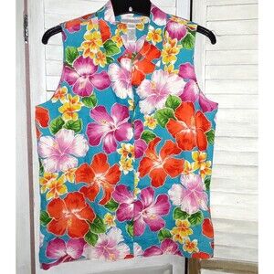 Jones New York Blouse Size 6 100% Linen Hawaiian Saturated Floral Sleeveless
